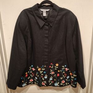 Jessica Holbrook Embroidered Hem Black Linen Blend Jacket Sz 2X Travel Career